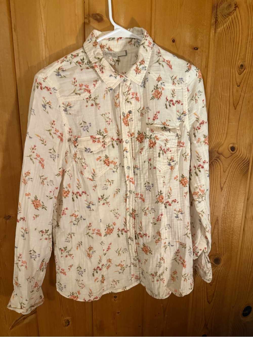 Floral Button-Up Shirt in Cream with Peach & Blue Flowers